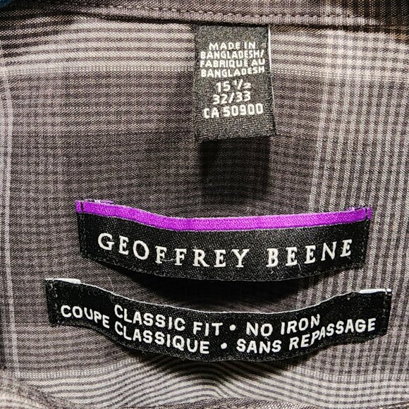 Geoffrey Beene Mens 15.5 32/33 Plaid Long Sleeve Dress Shirt Gray Black Classic - Picture 3 of 9